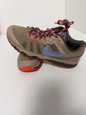 Nike Women's Taupe Trail Sneakers with Blue Swoosh and Orange Accents